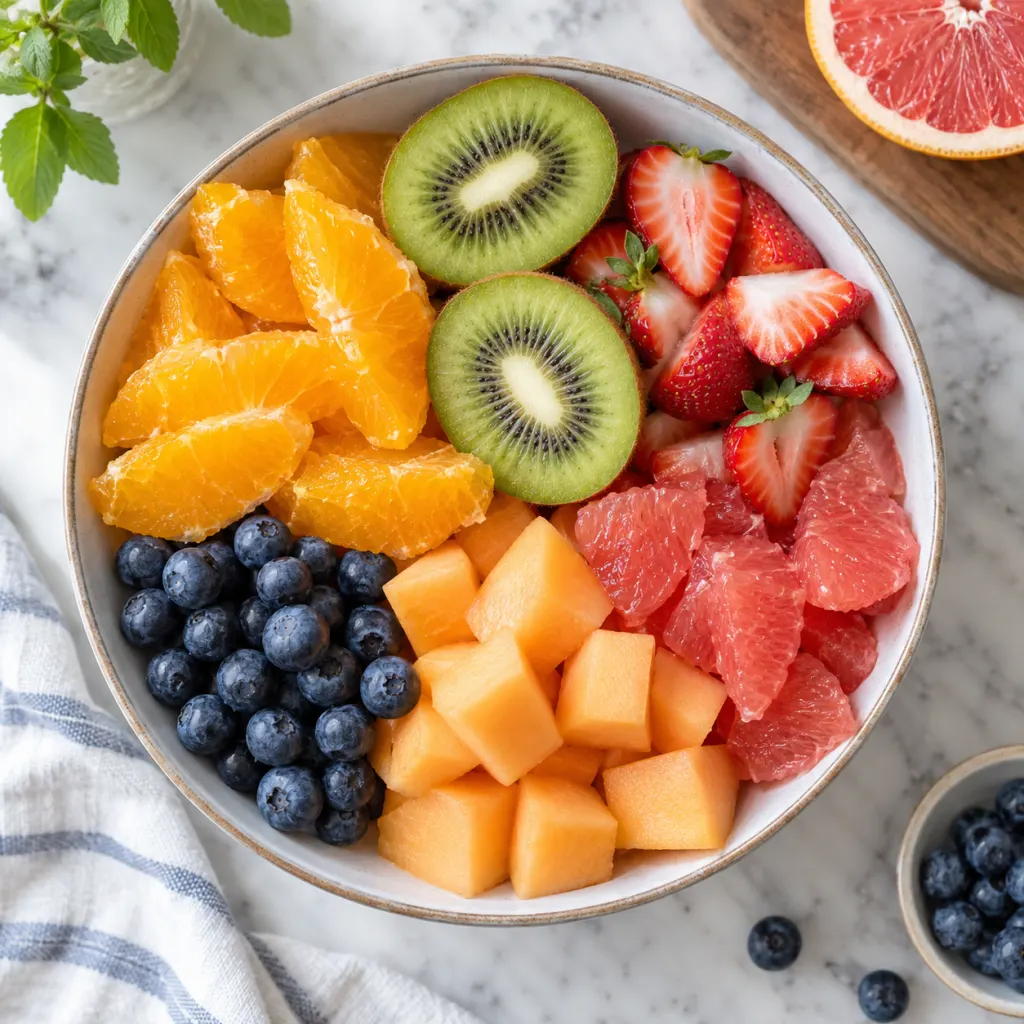 A colorful bowl of citrus, kiwi, strawberries, cantaloupe, and berries on a kitchen surface.
