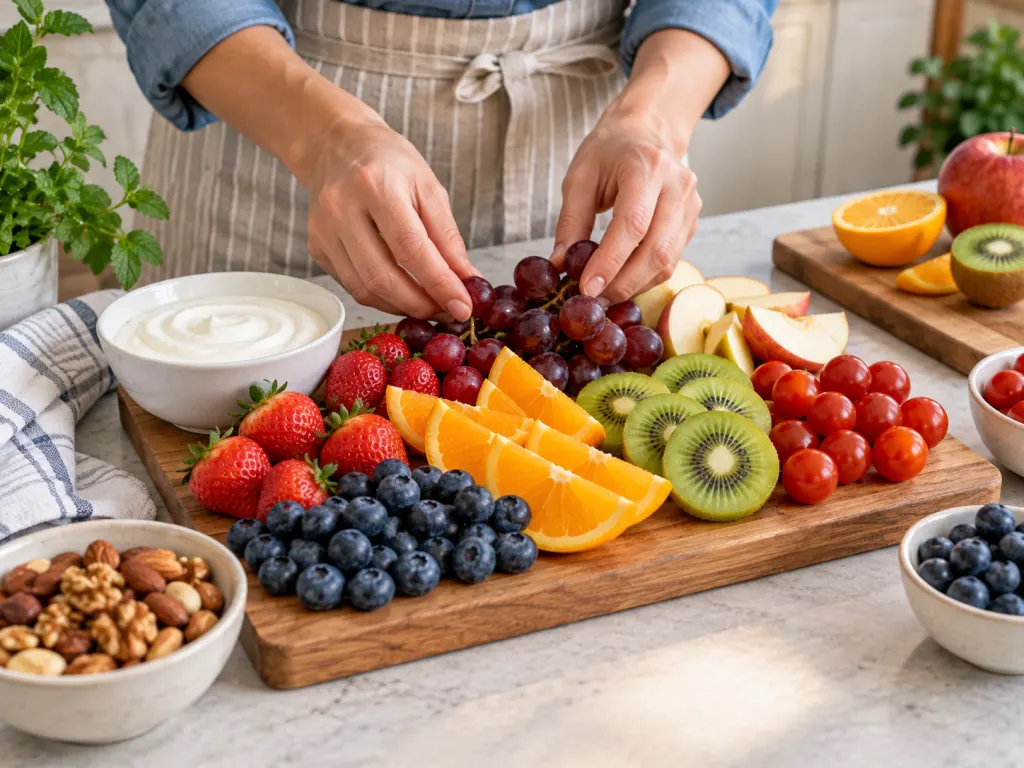 Hands arranging whole fruits with yogurt and nuts for a balanced snack.