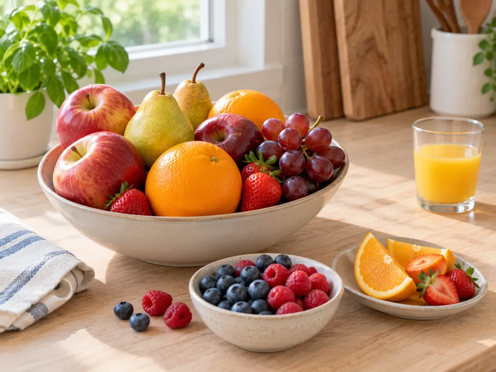 Whole fruits displayed prominently with a small glass of juice in the background.