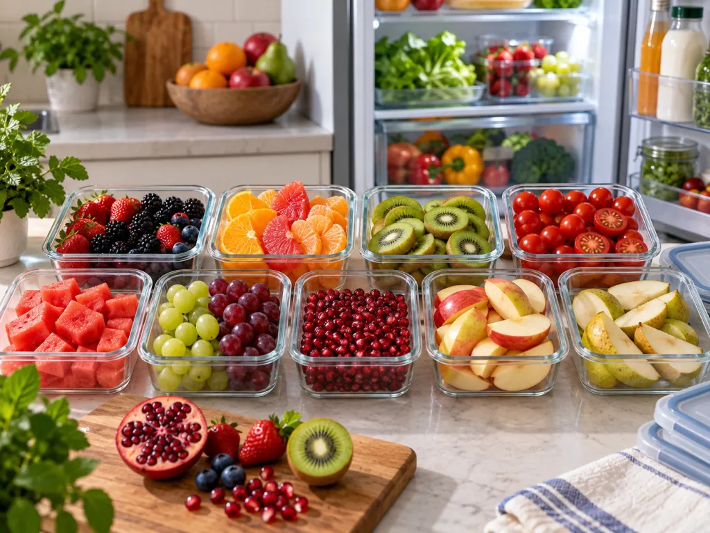 A weekly fruit rotation organized in clear containers for everyday meals.