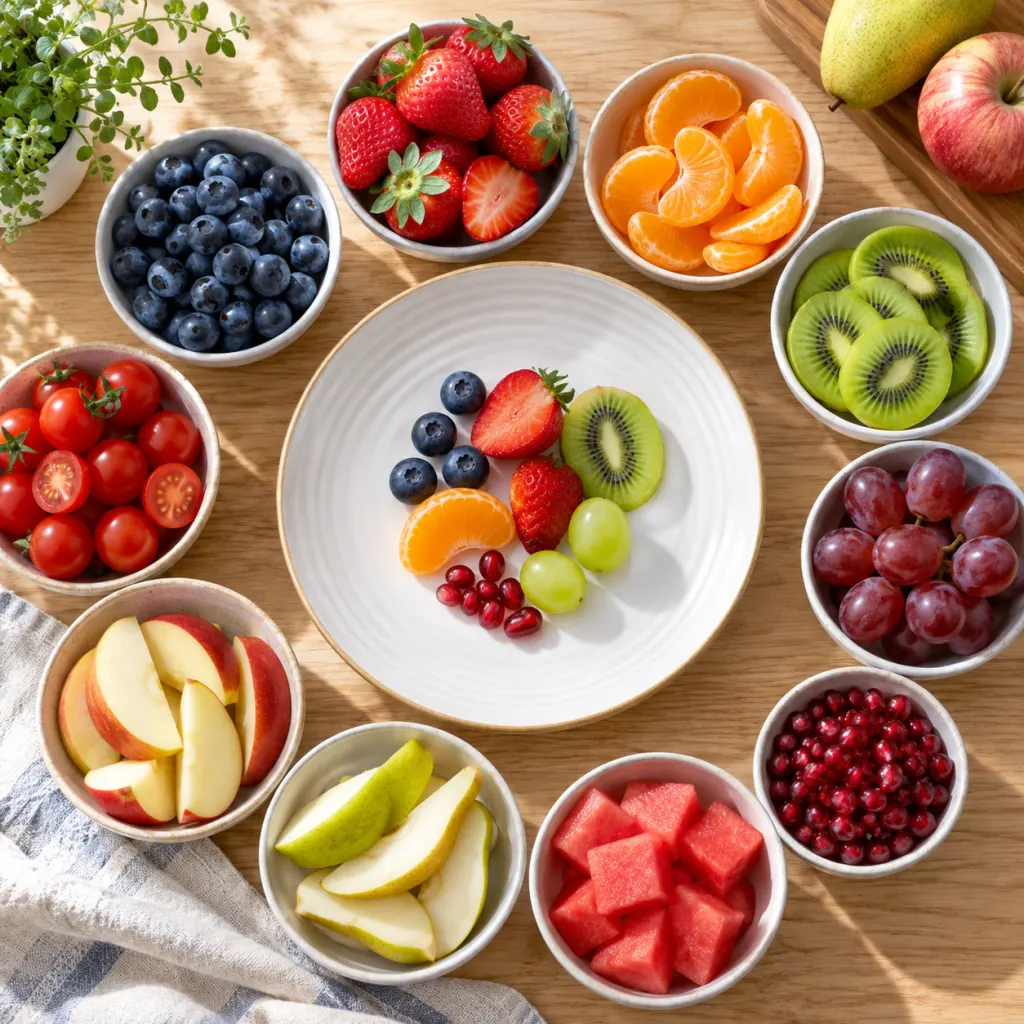 A colorful arrangement of eight whole fruits on a clean kitchen table.