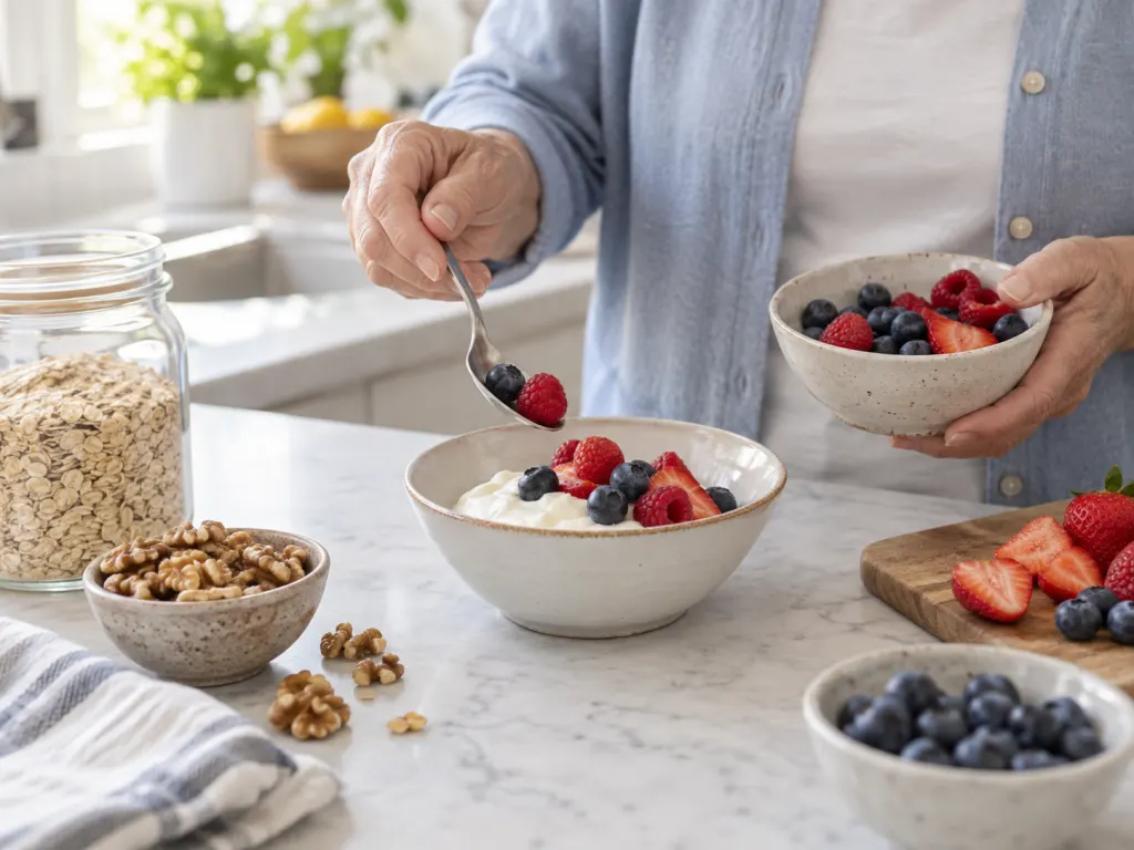 Hands adding berries to a yogurt bowl with oats and walnuts nearby.
