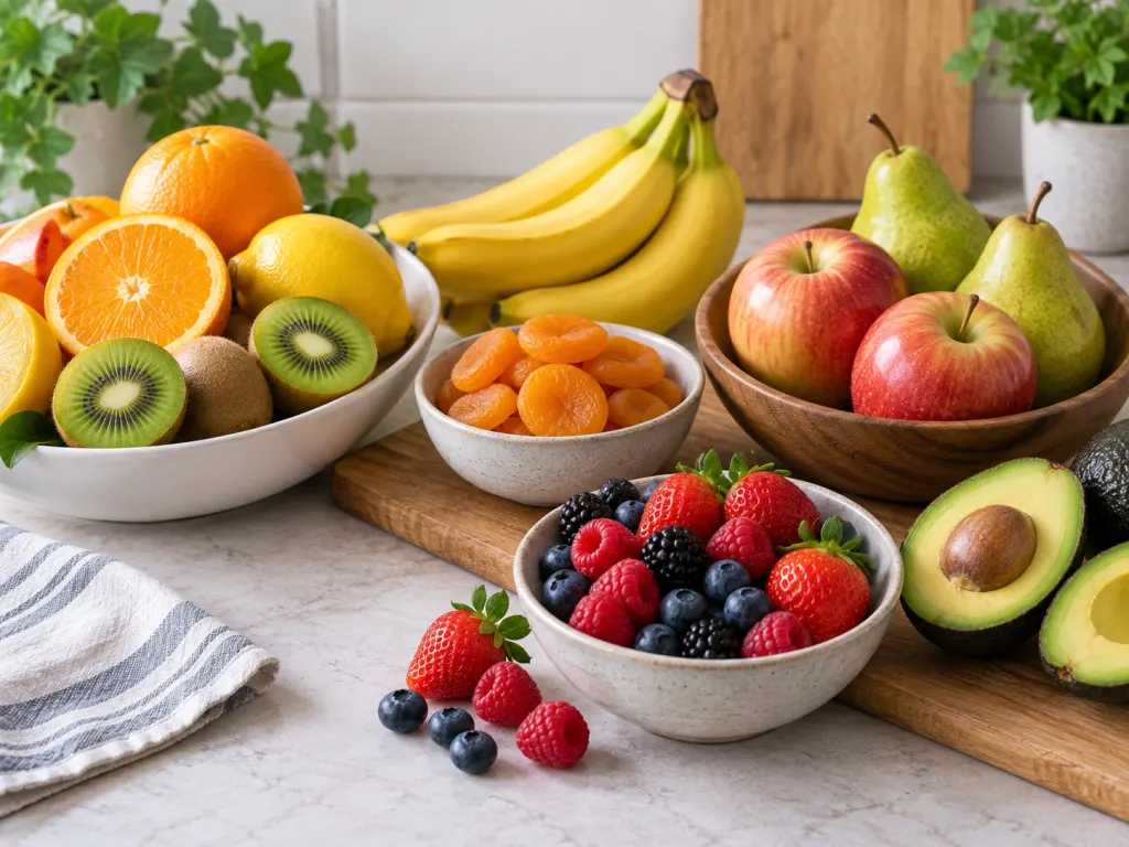 Grouped fruits including citrus, kiwi, bananas, dried apricots, apples, pears, avocado, and berries.
