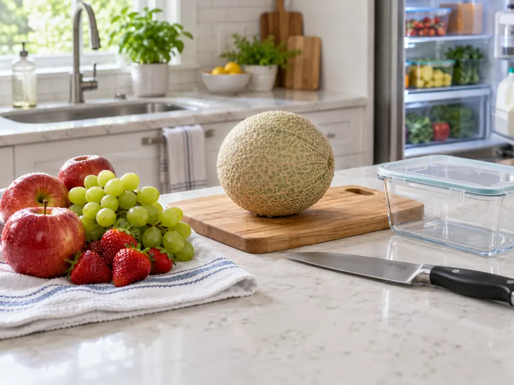 Washed fruit drying beside a clean cutting board and covered container for cut fruit.