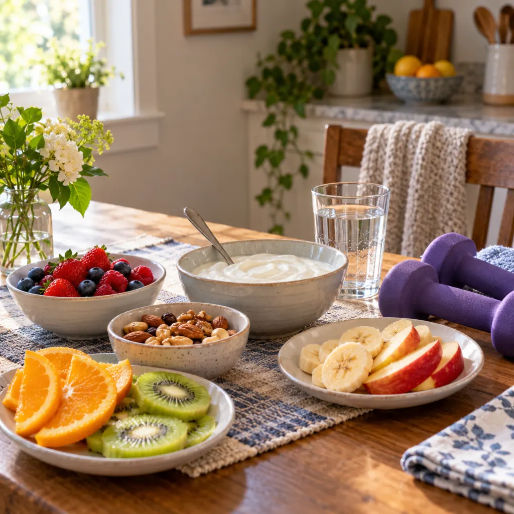 A table with colorful fruit, yogurt, nuts, water, and small hand weights.