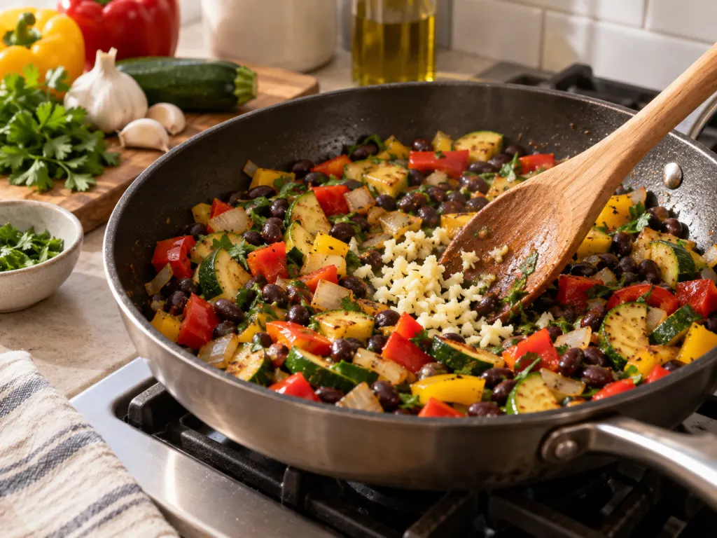 Minced garlic being cooked with vegetables and beans in a pan.
