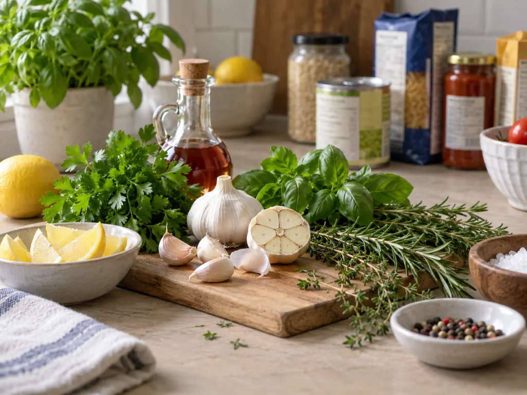 Garlic, herbs, lemon, vinegar, and packaged foods arranged for lower-sodium cooking choices.