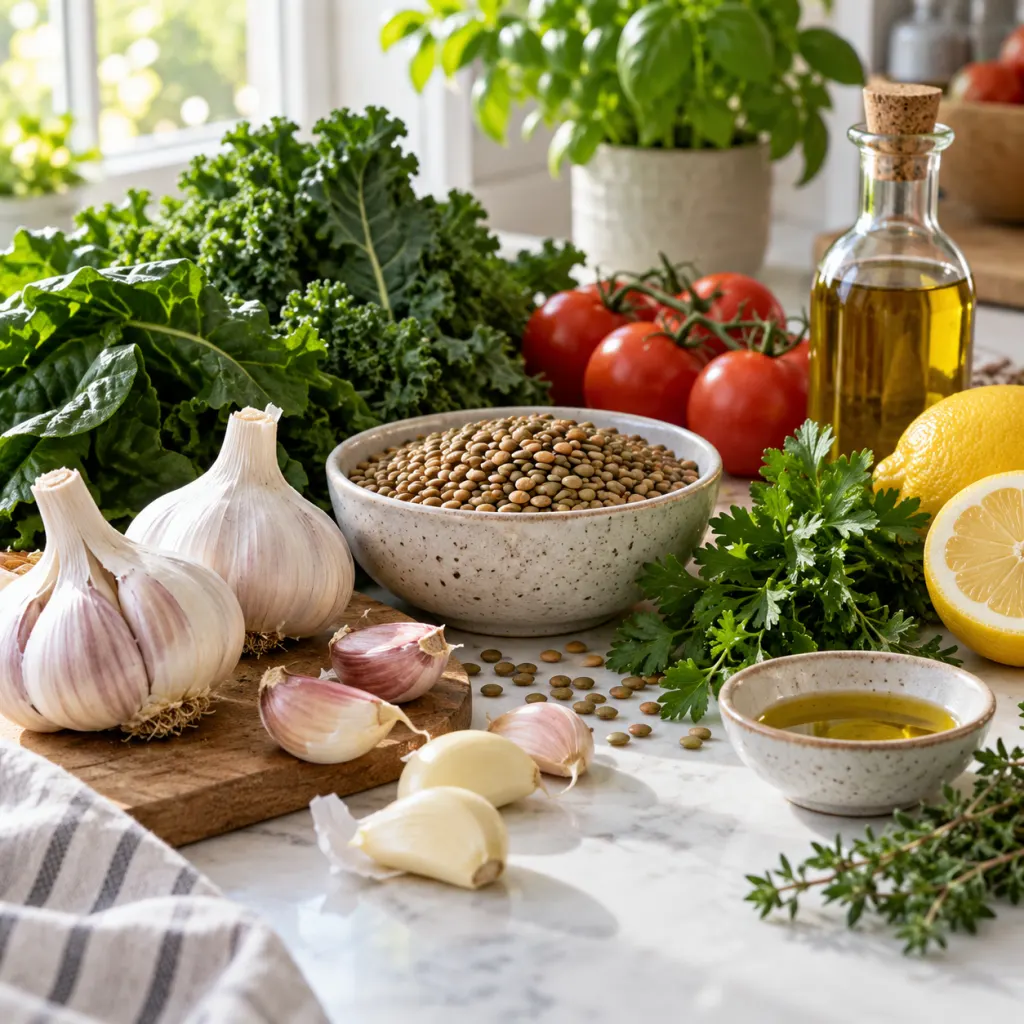 Fresh garlic with vegetables, lentils, herbs, lemon, and olive oil on a kitchen counter.