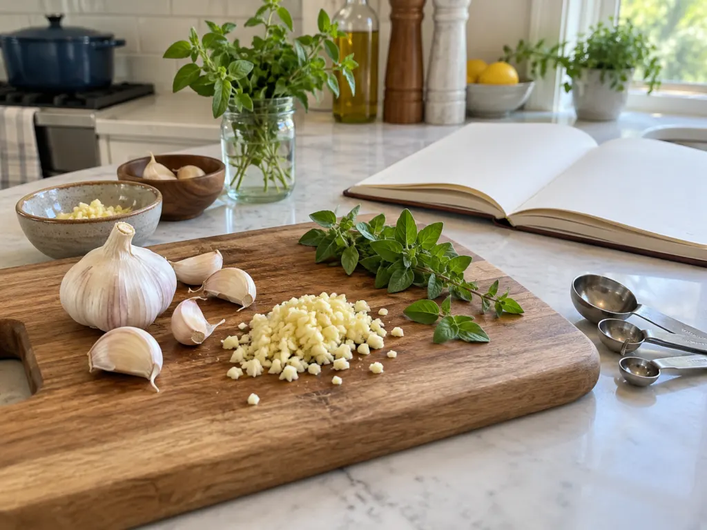 Chopped garlic, whole cloves, oregano leaves, and measuring spoons arranged for comparison