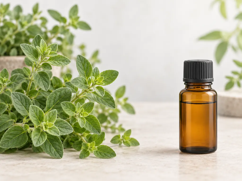 Illustration comparing oregano leaves with a neutral concentrated oil bottle