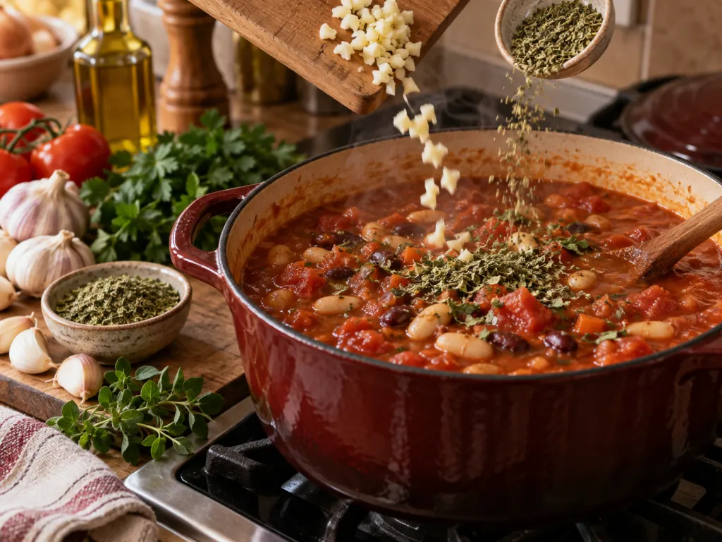 A pot of tomato bean stew seasoned with garlic and oregano in a home kitchen