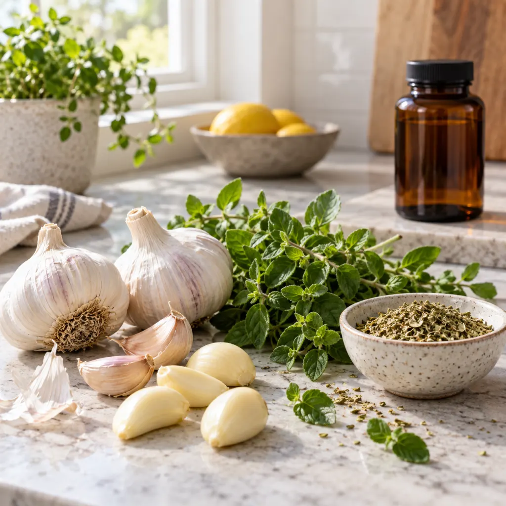 Fresh garlic, oregano sprigs, dried oregano, and an unlabeled supplement bottle on a kitchen counter