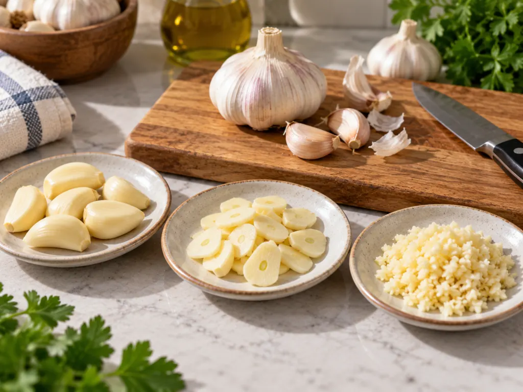 Whole, sliced, and minced garlic shown side by side on a kitchen work surface.