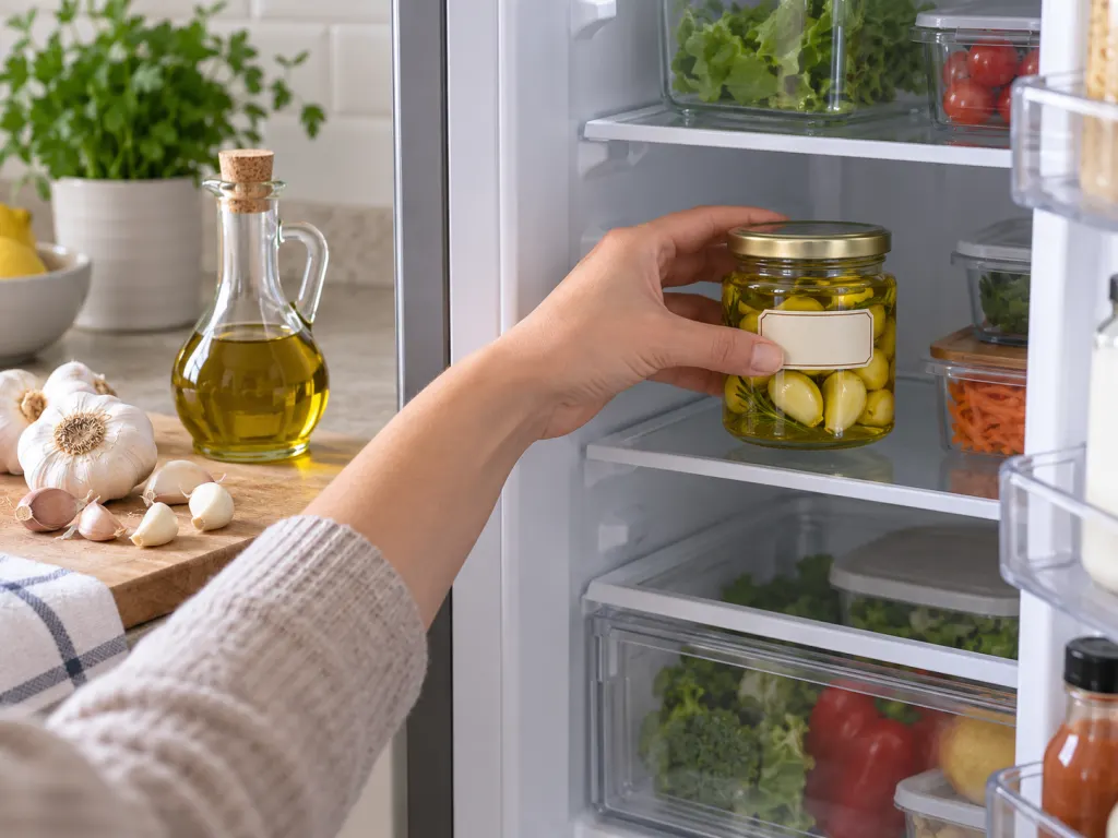 A jar of homemade garlic oil being stored in a refrigerator for safe handling.