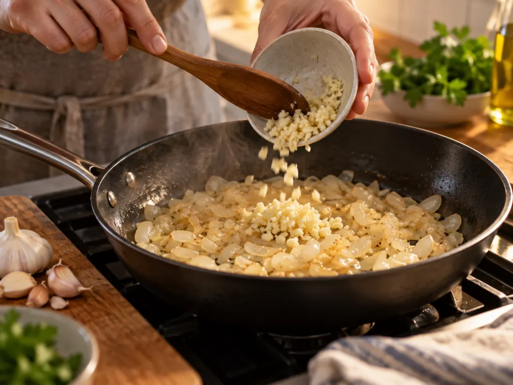 Minced garlic being added to a pan with softened onions during gentle cooking.