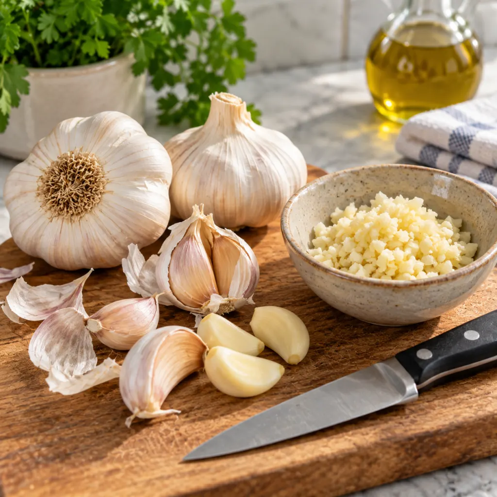 Fresh garlic bulbs, cloves, and minced garlic arranged on a clean kitchen counter.