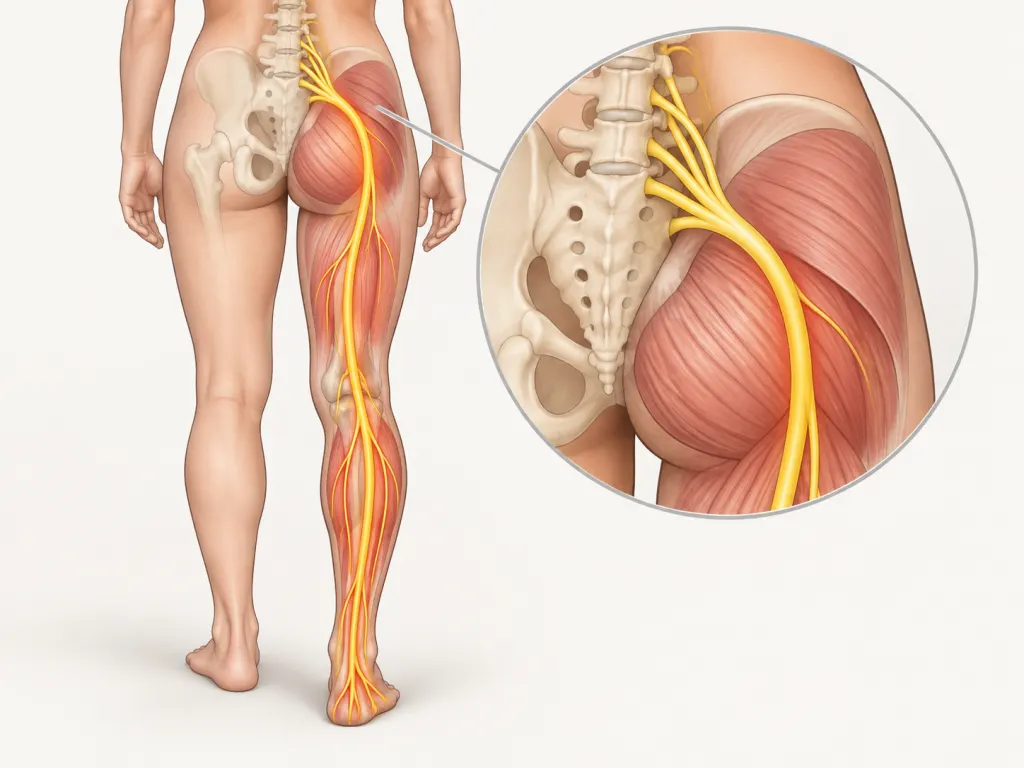 A simple illustration of the sciatic nerve path from the lower back into one leg.