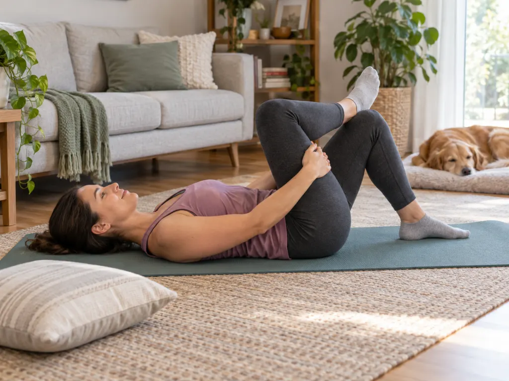A person on a mat gently setting up a figure-four glute stretch.