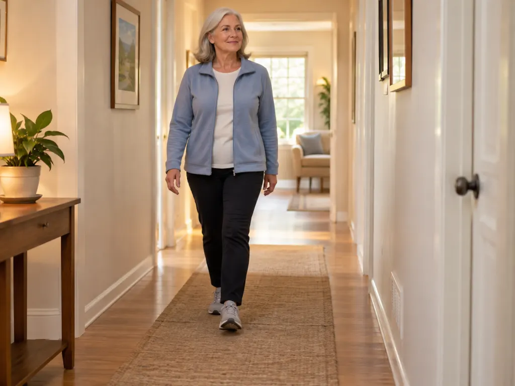 A person walking slowly on a flat hallway as gentle movement for back and leg comfort.