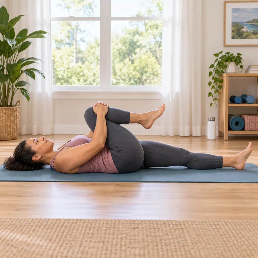 An adult gently stretching one knee toward the chest on an exercise mat.