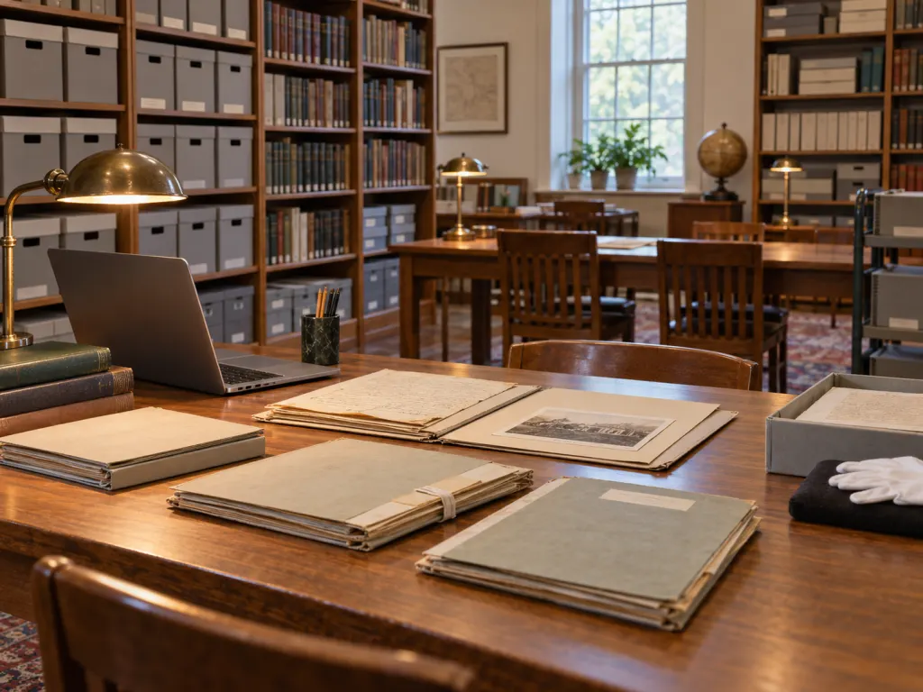 A quiet archive reading room with folders, shelves, and a laptop for research.