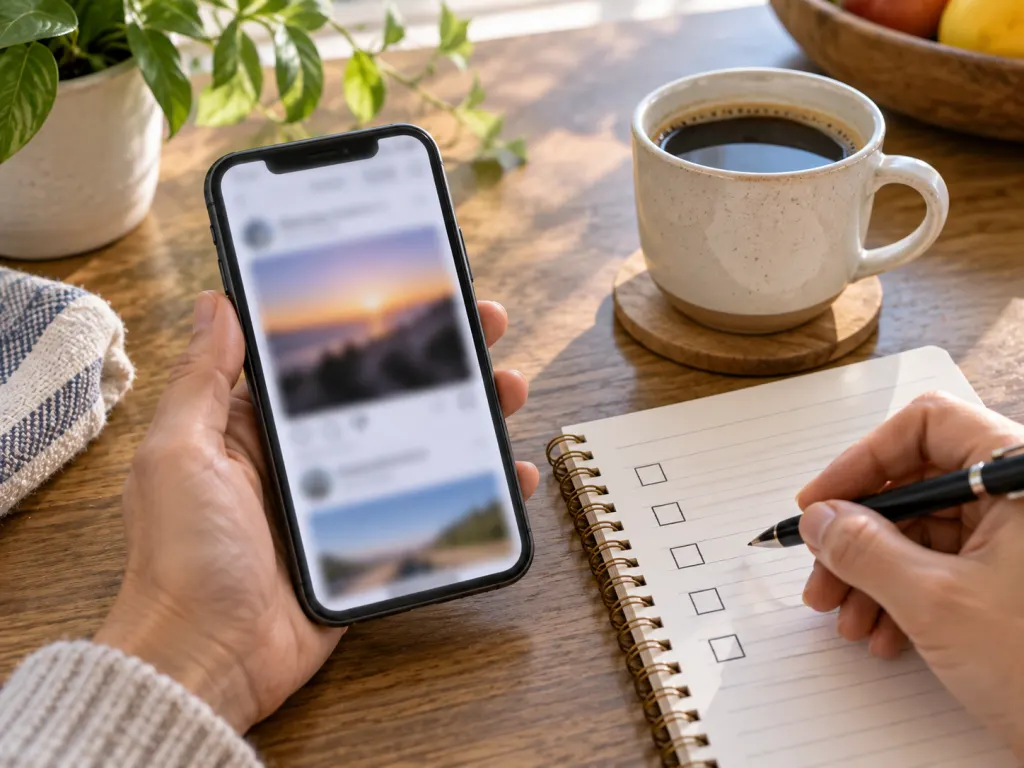 A smartphone beside a checklist and coffee, suggesting a pause before sharing online content.