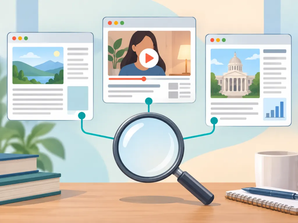 Abstract browser windows connected to a magnifying glass to show comparing sources.