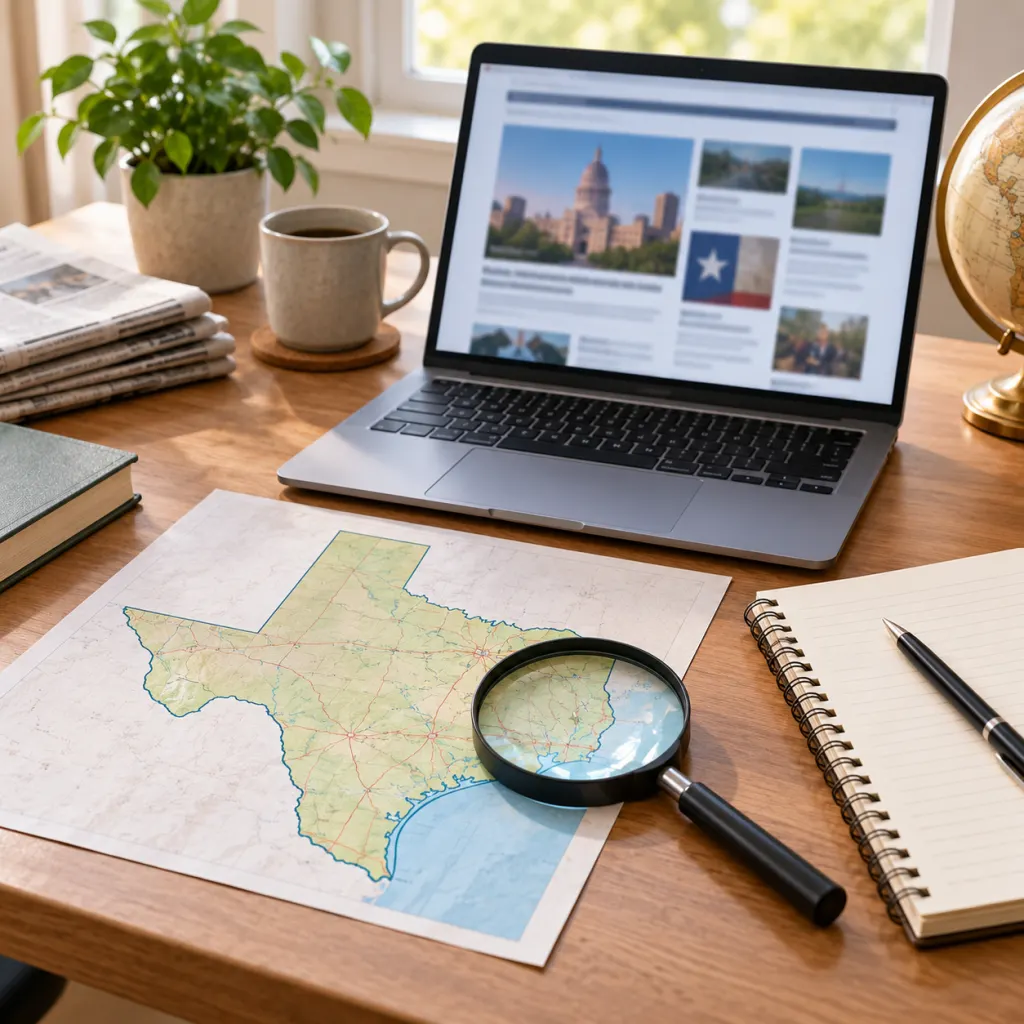 A desk setup with a laptop, Texas map outline, notebook, and magnifying glass for checking online reports.