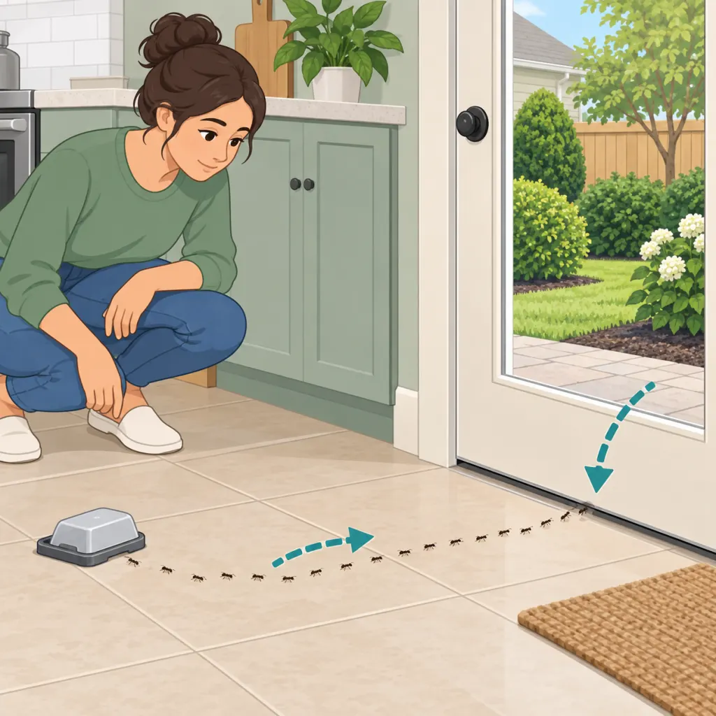 Illustration of a homeowner tracing an ant trail, sealing an entry point, and using a covered bait station.