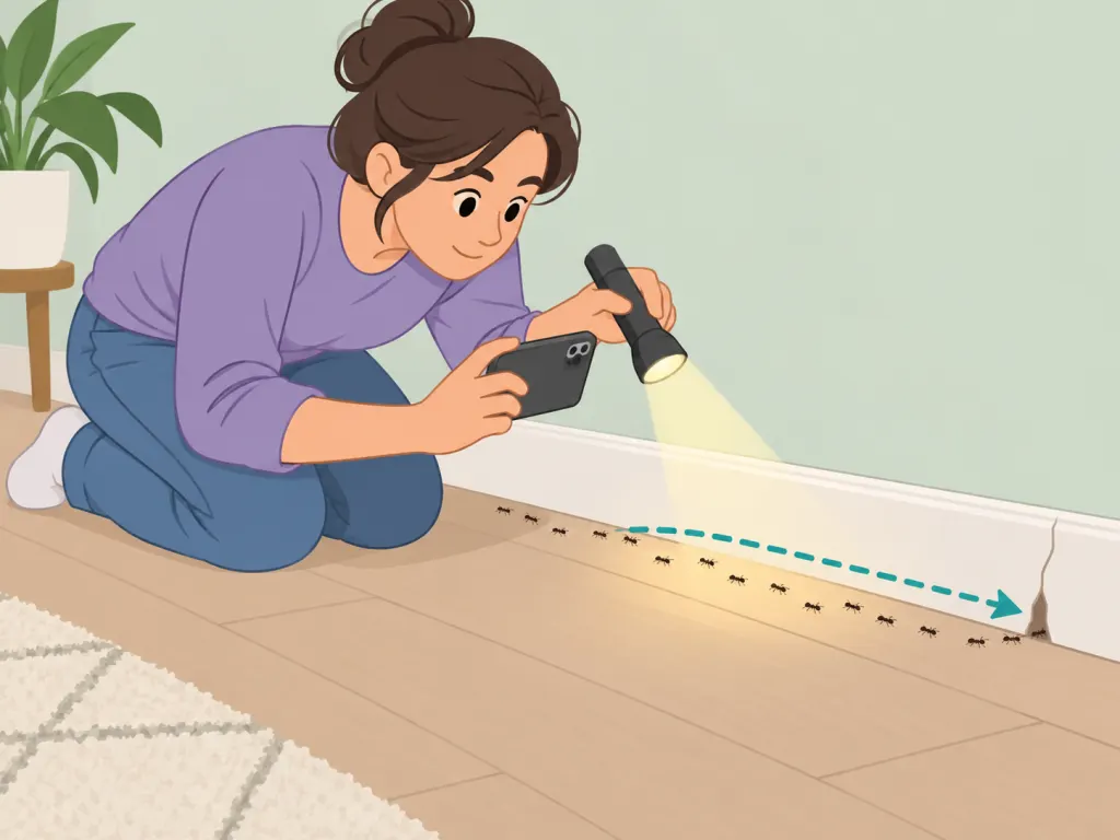 Person tracing an ant trail along a baseboard to find where ants enter.