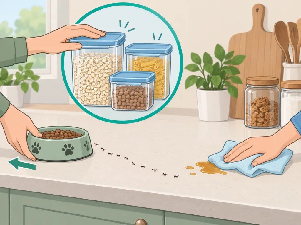 Hands cleaning crumbs and sealing food containers to remove ant attractants.