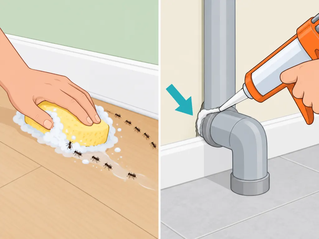 Wiping away an ant trail and sealing a crack near a pipe.
