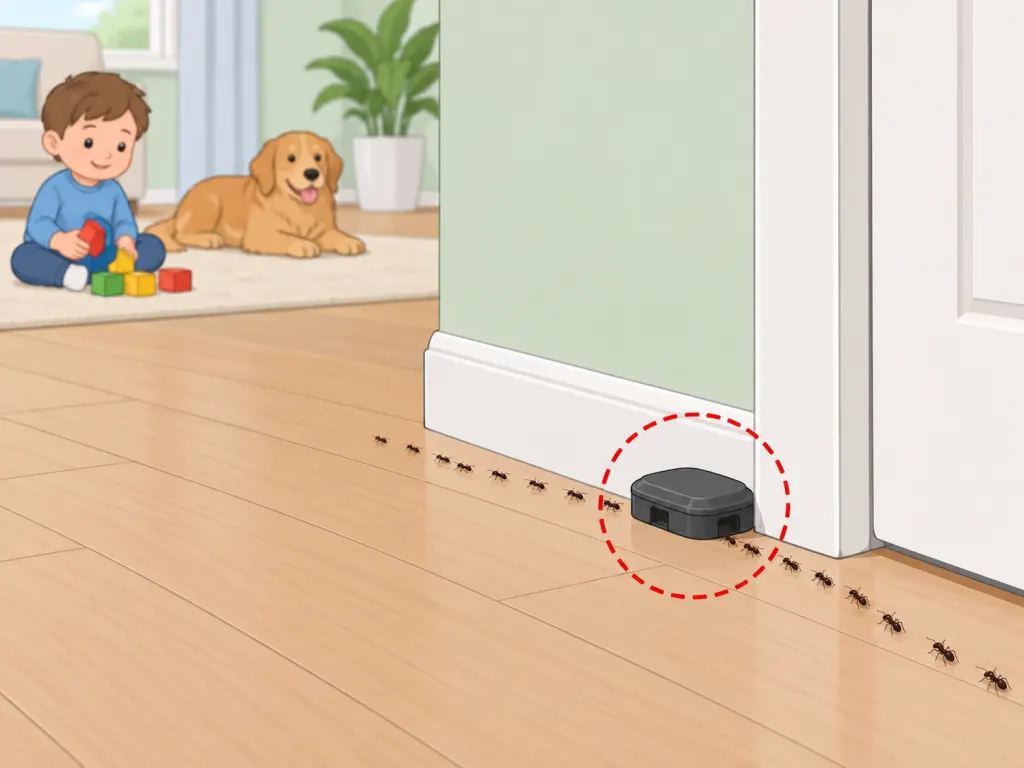 Covered ant bait station placed near an ant trail and away from children and pets.
