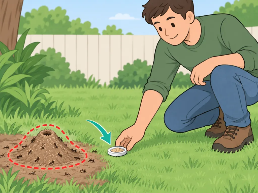 Outdoor ant bait placed near a yard mound without disturbing it.