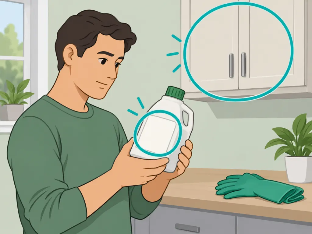 Person reading a pesticide label and preparing to store the product safely.