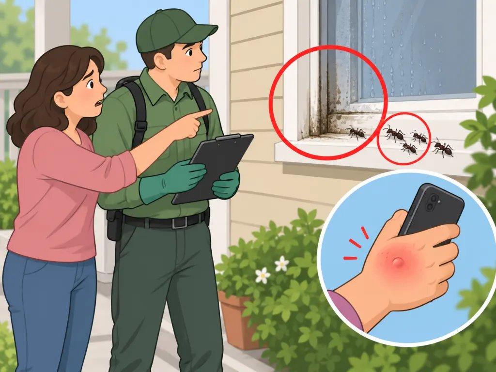 Homeowner getting professional help for possible carpenter ants and knowing when to seek help after a sting.