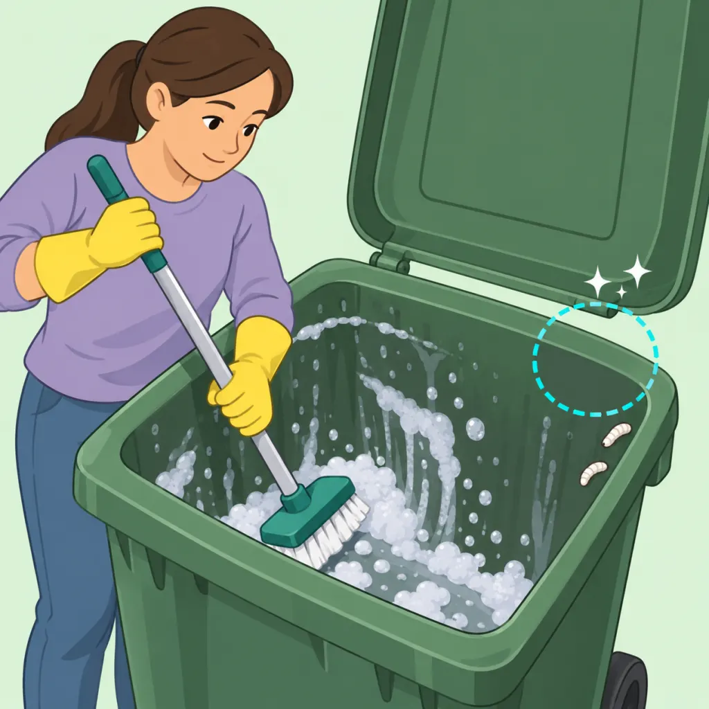 Illustration of a person in gloves cleaning an outdoor trash can to remove maggots.