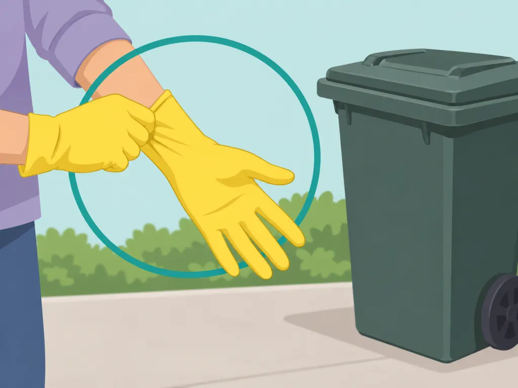 Hands putting on rubber gloves before cleaning a trash bin.