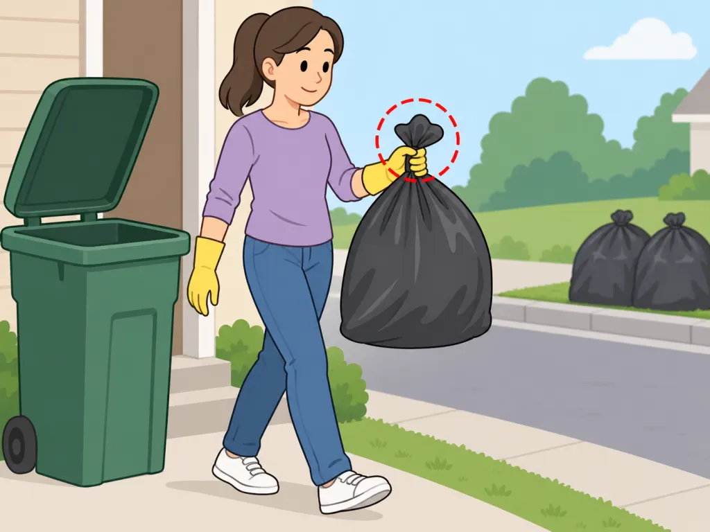 Person tying up a sealed garbage bag to remove infested waste.