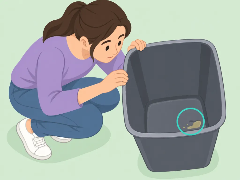 Person inspecting the bottom of an empty trash bin for leaks and residue.