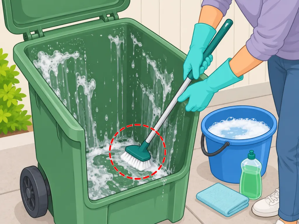 Person scrubbing the inside of a trash bin with soap, water, and a brush.