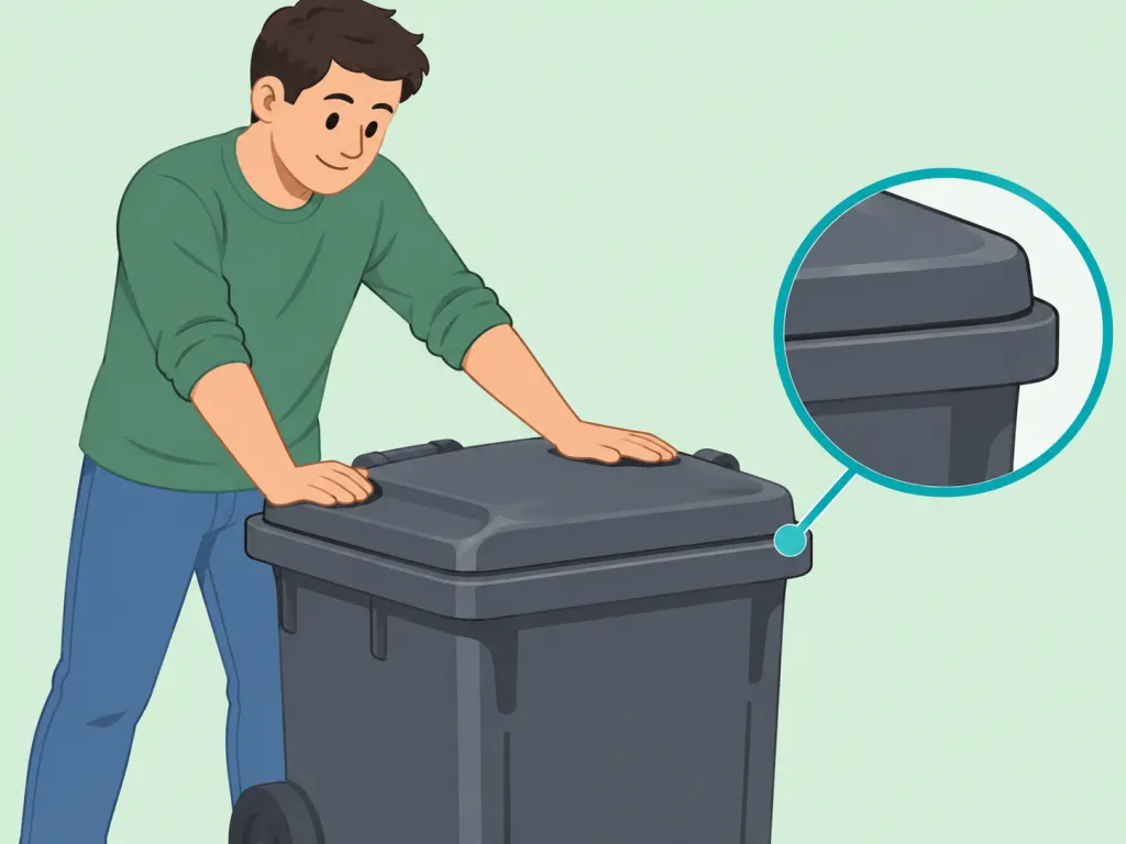 Person checking that a trash bin lid seals tightly.