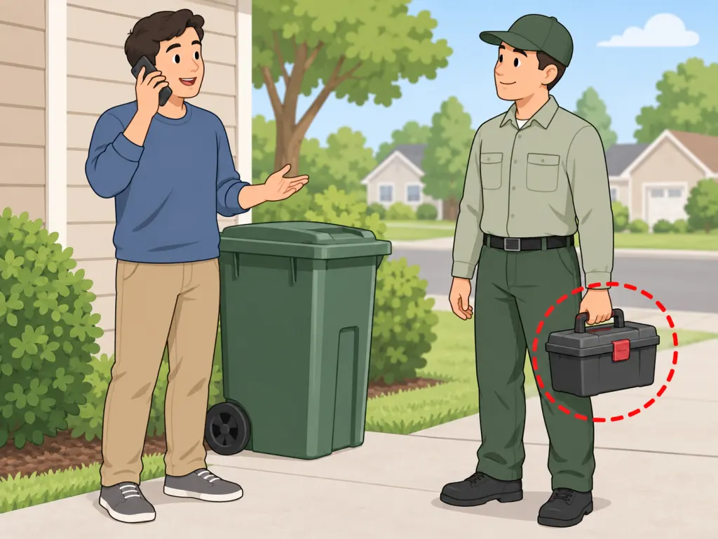 Person contacting a pest control professional about a recurring trash bin infestation.