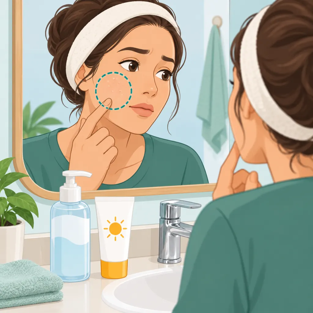 Person checking small facial bumps in a mirror with gentle skin-care products nearby.