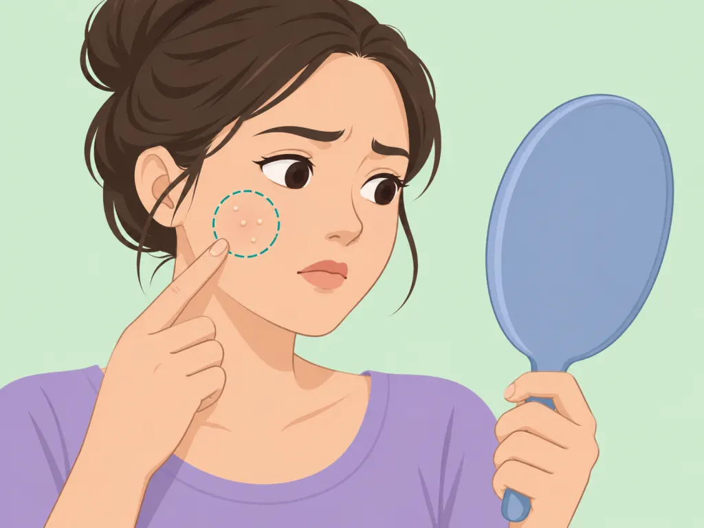 Person checking small white bumps on the cheek with a mirror.