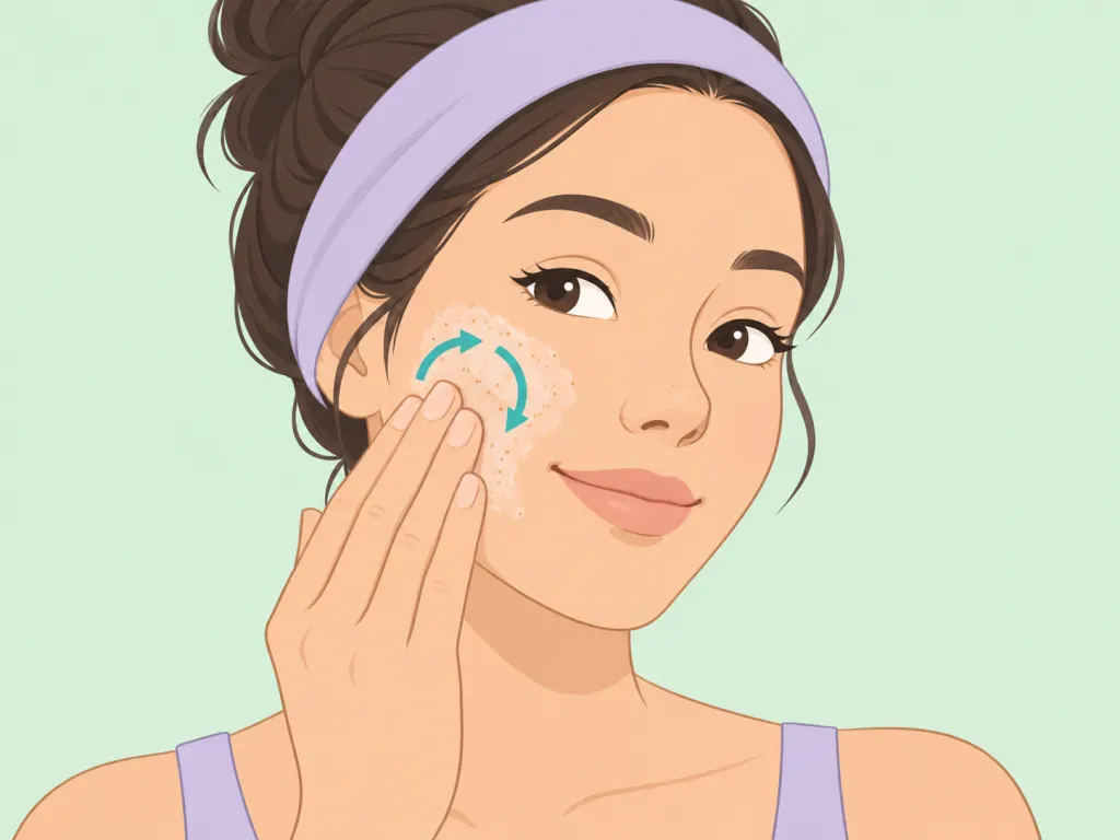 Person gently exfoliating the face with light fingertip pressure.