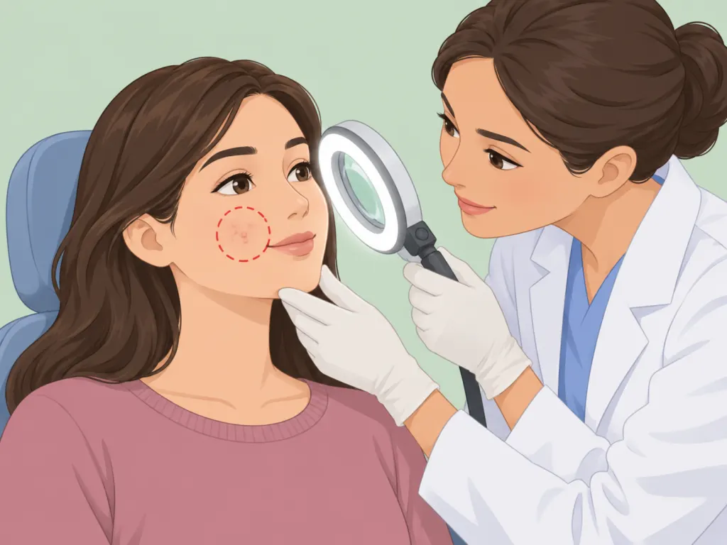 Clinician examining uncertain facial bumps with a magnifying light.