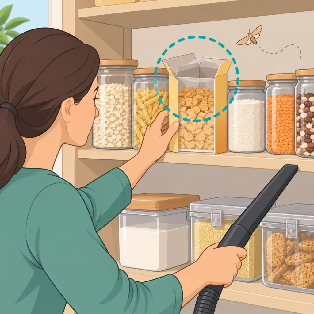 Illustration of a person inspecting pantry shelves for moths and preparing to clean.