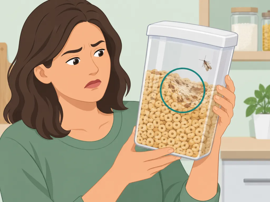 A person checking dry food for webbing and pantry moth signs.
