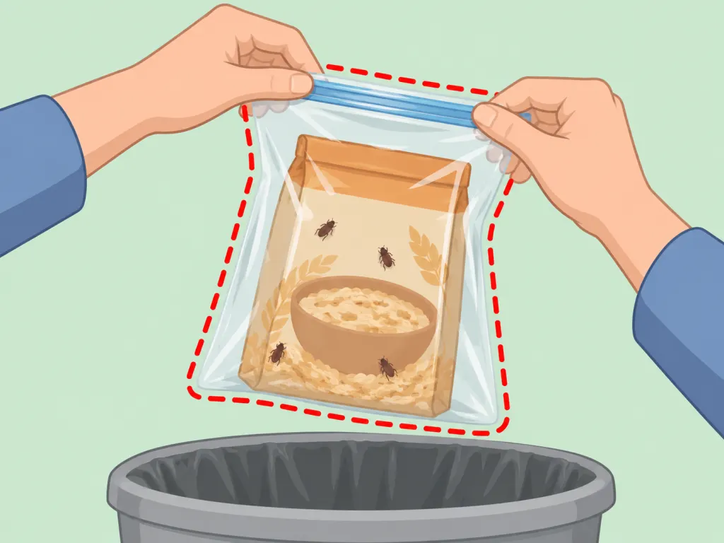 Infested pantry food sealed in a bag before being thrown away.